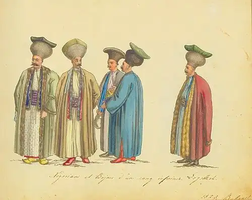 Wallachian boyars of the third rank wearing small işlics adorned with cushions, 1825