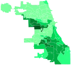 Support for Wilson by ward: &nbsp;&nbsp;>30% &nbsp;&nbsp;25–30% &nbsp;&nbsp;20–25% &nbsp;&nbsp;15–20% &nbsp;&nbsp;10–15% &nbsp;&nbsp;5–10% &nbsp;&nbsp;0–5%