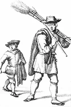 A line drawing of an 18th-century man and boy, the man carrying long tools such as a broom