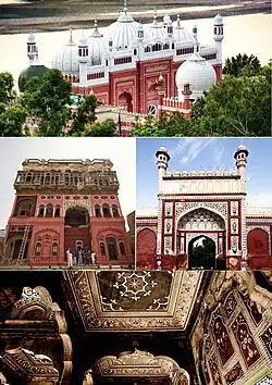 Clockwise from top: Shah Burhan Shrine, exterior and interior views of Chiniot's Shahi Mosque, Omar Hayat Mahal