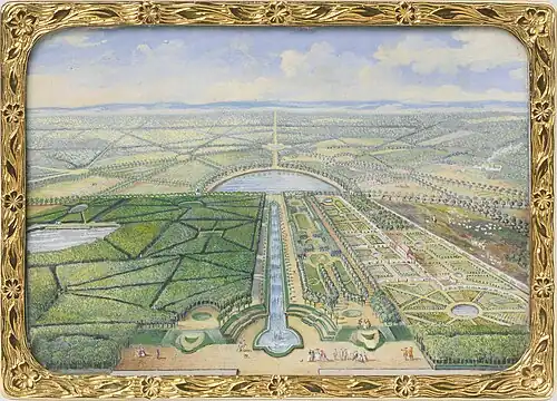 View from the château toward the south, showing the site of the future Pagoda of Chanteloup&nbsp;(1775) in front of the semicircular lake (snuffbox bottom)
