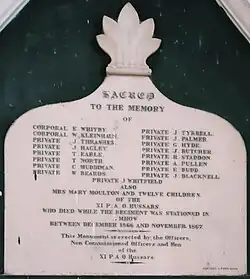 The 11th (Price Albert's Own) Hussars installed this white marble memorial during their short tenure in 1866-67