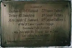 The 1st Home Counties Brigade of the Territorial Field Artillery (presumably a part of the 1st Sussex Artillery Volunteers) installed this brass plaque