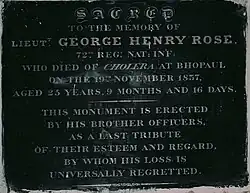 The 72nd Regiment of the Native Infantry installed a black stone memorial to one of their officers who died of cholera