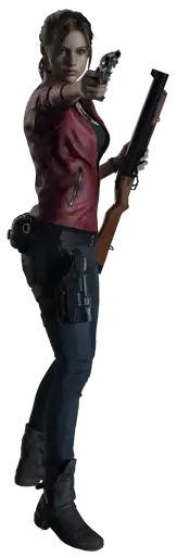 A woman who is wearing a red jacket and holds a pistol with a shotgun.