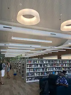 Shelving and seating inside the new Cleveland Park Neighborhood Library.