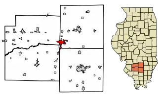 Location of Centralia in (clockwise) Clinton, Marion, Jefferson, and Washington Counties, Illinois.