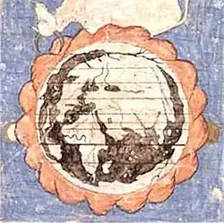 A world map shows the Old World continents encircled by an ocean, encircled by a shore. Recently-discovered lands in the Atlantic are drawn as a narrow island.