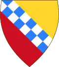 Variant of the coat of arms of the House of Hauteville reproduced inside the Complex of the Holy Trinity of Venosa: this version features a shield trimmed in gold and gules, with the bend chequy in silver and azure