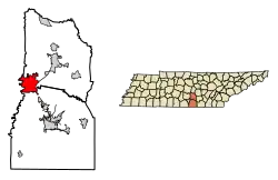 Location of Tullahoma in Coffee and Franklin Counties, Tennessee.