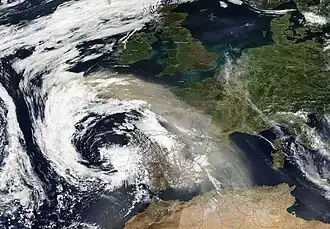 Satellite image of clouds in cyclone form over the Iberian peninsula