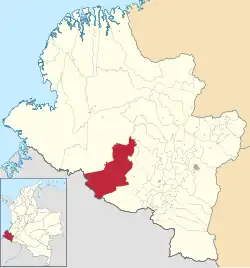 Location of the municipality and town of Ricaurte in the Nariño Department of Colombia.