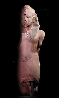 Colossal statue of Tutankhamun, c. 1355 – c. 1315 BC, painted quartzite, Grand Egyptian Museum, Giza, Egypt