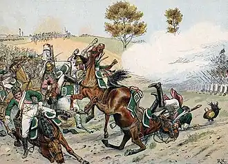 Color print shows French dragoons being unhorsed by a volley.