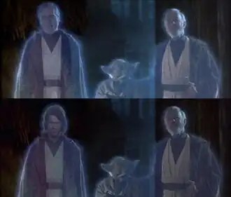 Two images, stacked vertically, of the same scene showing Anakin Skywalker, Yoda, and Obi-Wan Kenobi. The top image shows an older man as Anakin. The bottom image shows a younger man as Anakin.