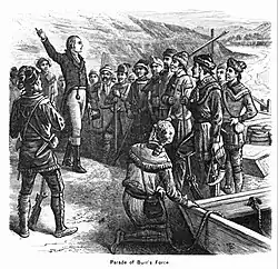 "Parade of Burr's Force" showing Burr wearing a suit and making a speech to a bunch of frontiersmen in deerskin shirts