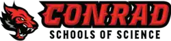 Red wolf, the word "Conrad" in red with a black outline, and the words "Schools of Science" in black