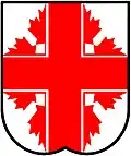 Argent, a cross cottised by eight demi maple leaves, stalks inwards, gules