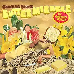 An abstract collage image featuring a woman with a piece of buttered toast as a head reclining on a pile of dirt with flowers in the background