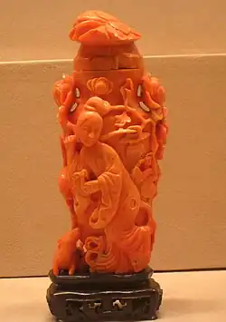 Covered Vase Decorated with Female Figure, Qing dynasty, 18th century, coral, Asian collection in the Worcester Art Museum, Worcester, Massachusetts