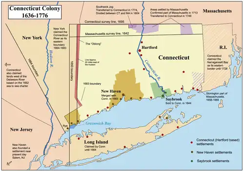 Image 20Map showing the Connecticut, New Haven, and Saybrook colonies and the CT-NY dispute (from History of Connecticut)