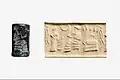 Cylinder seal and modern impression. Worshiper before a seated ruler or deity, seated female under a grape arbor, Old Elamite, ca early 2nd millennium BC