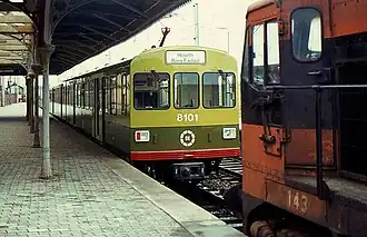 A two-car set (8301 and 8101) is awaiting departure from Howth station 2 May 1983