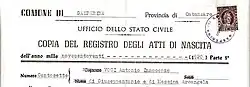 The 10 August 1920 Gasperina Birth Certificate middle name "Innocenzo": (No Diego)