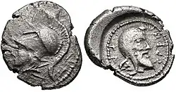 Coin of King Arbinas, wearing the Phrygian cap on the reverse. Circa 430/20-400 BC