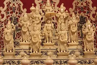 Hindu god Vishnu's ten major avatars (Balarama-Krishna version) Dasavatara shrine, 18th century ivory (National Museum, New Delhi). From top descending: Matsya, Kurma, Varaha, Narasimha, Vamana, Parashurama, Rama, Balarama, Krishna, and Kalki.