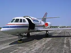 A Dassult Falcon FA-20 in one of the older liveries of USA Jet Airlines