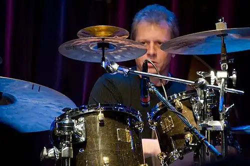 Dave Weckl with a ride cymbal fitted with a two rivet cluster