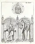 12th century A.D., Germany, copy printed in 1774. Martin Gerber made tracings of this image from a 12th c. manuscript. The original manuscript burned in 1768 with the abbey. Monochord, rotte and cymbala are illustrated.