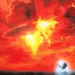 An image of a UFO in the center of a red sky. At the bottom right of the picture, a woman embraces a being of light.