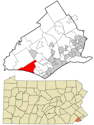 Location in Delaware County and the state of Pennsylvania.