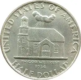 Old Swedes Church depicted on the 1937 Delaware Tercentenary half dollar