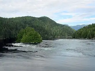 Dent Rapids, which flows east to west between the mainland coast and Sonora Island