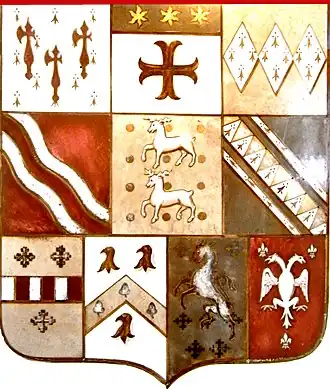 Heraldic quarterings of Robert Dennis, on stone escutcheon at Livery Dole