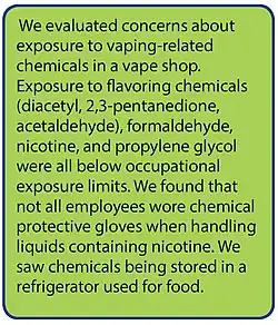 Highlights of concerns from a 2017 United States Department of Health and Human Services report regarding exposure to vaping-related chemicals in a vape shop.