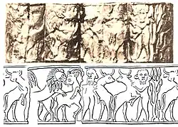 Design embossed on the gold foil, tomb PG 1236, thought to belong to A-Imdugud, Royal Cemetery of Ur[7]