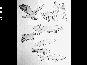 A drawing of animals and humans