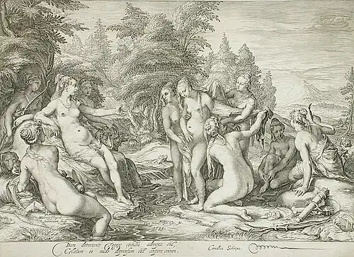 Callisto's pregnancy discovered, engraving by Jan Pietersz, 1599.