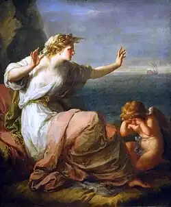 Image shows Ariadne kneeling with both arms raised, one bent towards her face and one reaching out to the sea. She is turned toward the sea where Theseus's ship is sailing away. She is draped in a sheer white dress with one breast exposed and a leaf crown sits on her head. There is a crying cherub on the ground next to her with its fists rubbing its eyes.