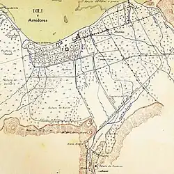 Hand-drawn map showing Dili as a small settlement