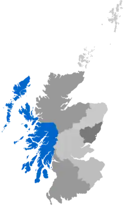 Map showing Argyll Diocese as a coloured area covering the west coast of Scotland including the Hebrides