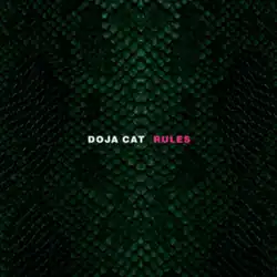 A photo of a nonspecific reptile's green scales, vertically symmetrical. The singer's name "Doja Cat" is shown in white at the center of the image. Beside it is the song title "Rules", shown in pink.