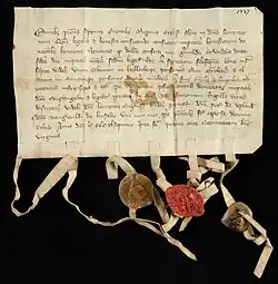 Medieval parchment with writing in Latin on it. At the bottom of the letter hang three seals.
