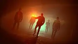 Three members of Down with Webster walking under orange lightning with three members following behind.