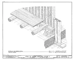 Drawing of Poteaux-en-Terre post in ground type of wall construction (this example technically called pallisade construction) in the Beauvais House in Ste Genevieve, Missouri