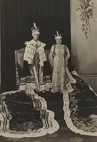 Queen Elizabeth wearing her crown in a formal coronation photograph, 1937
